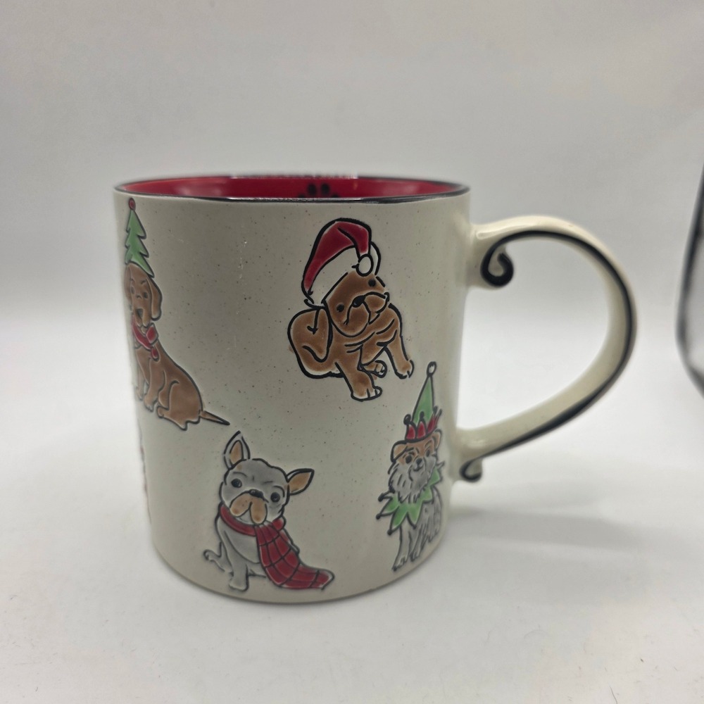 Christmas Dogs Holiday Coffee Mug Red Interior Speckled Ceramic Scroll Handle